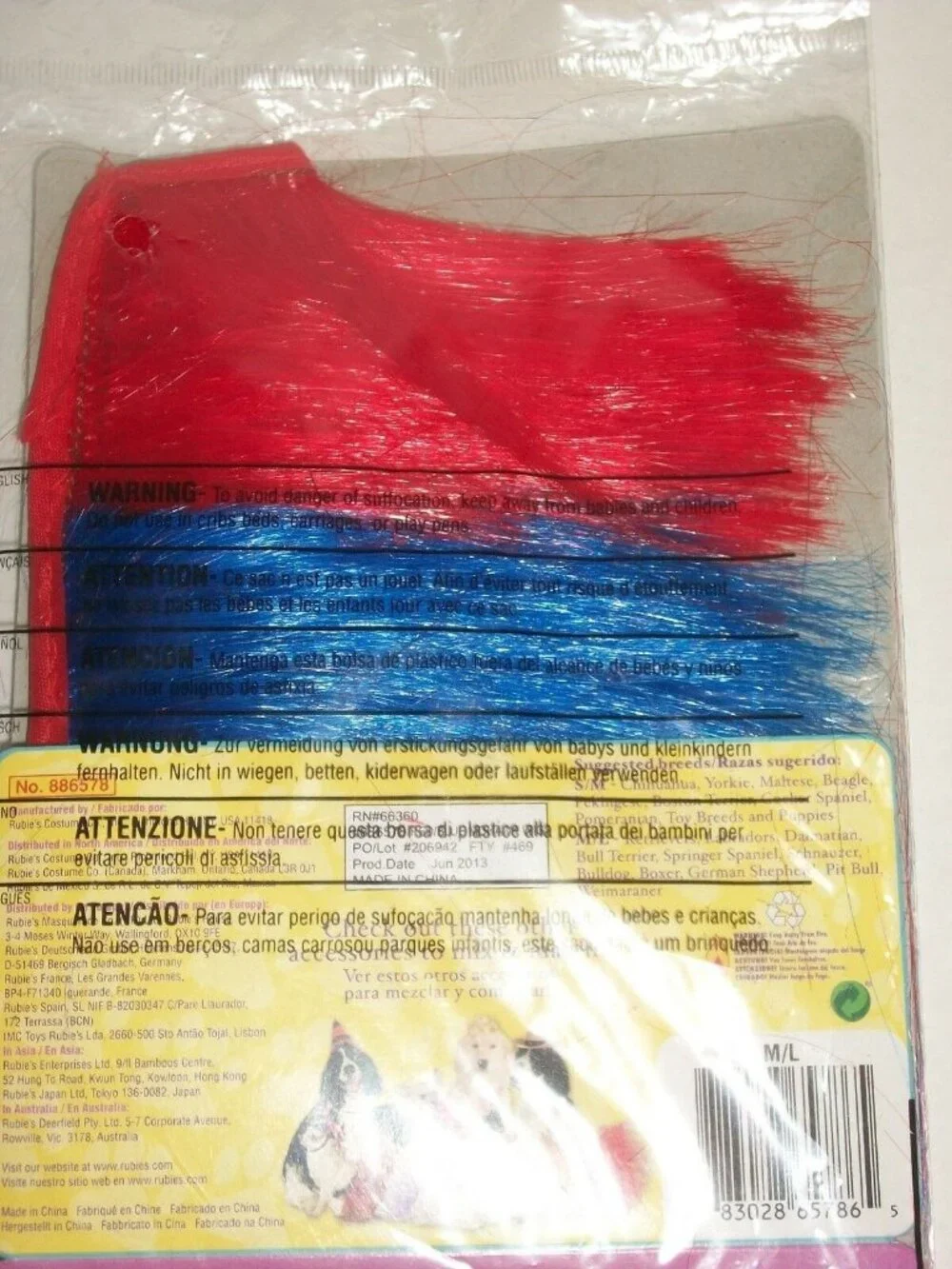 Rubies Pet Shop Mohawk Wig Hair Red Blue Halloween Costume Medium Large Med Lg